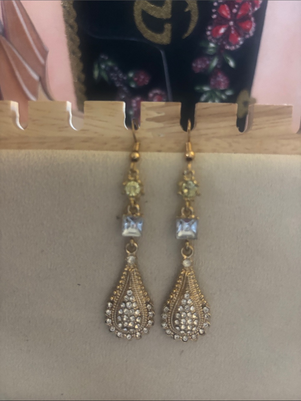 Gold Teardrop Crystal Dangle Earrings by
